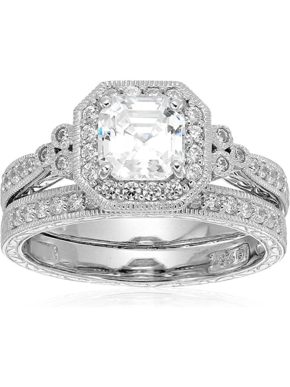 Antique Asscher-Cut Cubic Zirconia Ring Set in Platinum or Gold Plated Sterling